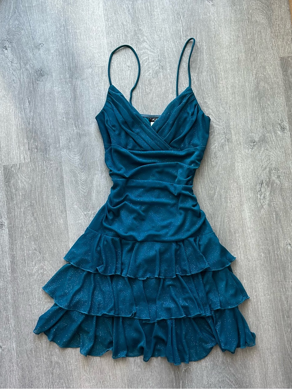 Vintage 90s City Triangles Teal Sparkle Glitter Ruffle Slip Dress - Women's